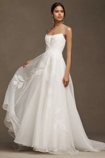 Organza A-Line Ball Skirt Spaghetti Straps Wedding Gown